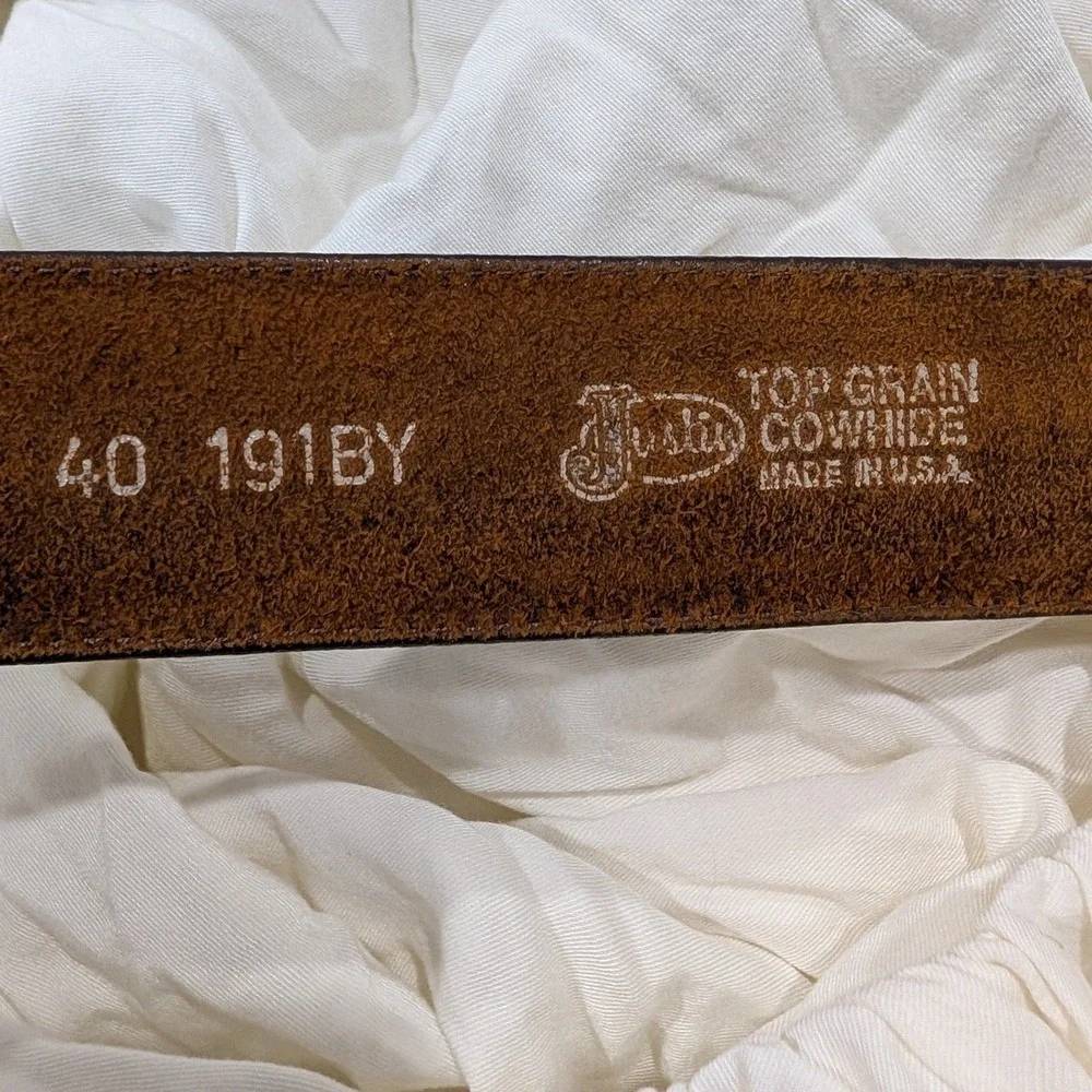 Vintage Justin Belt 40 Brown Leather Western Engraved Silver Buckle 191BY 90s